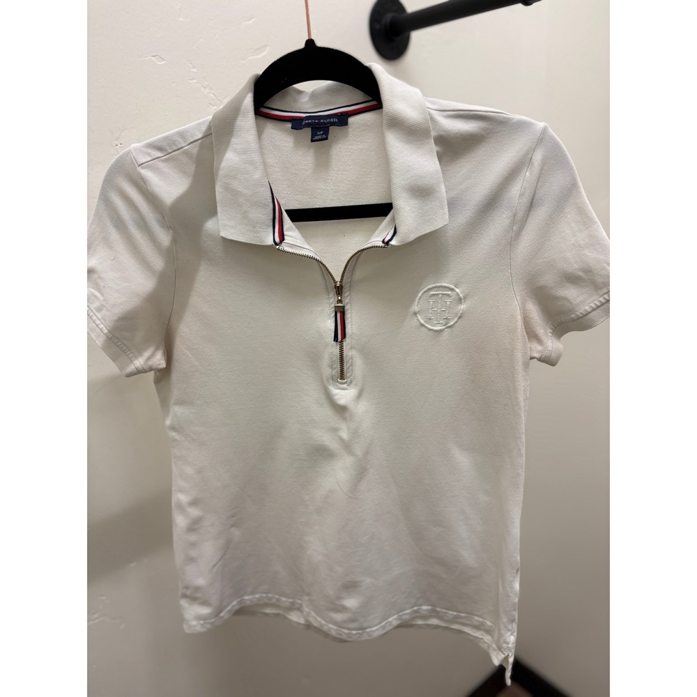 Tommy Hilfiger White Quarter Zip Polo Shirt Vintage 80s Y2K Crest Logo Small
